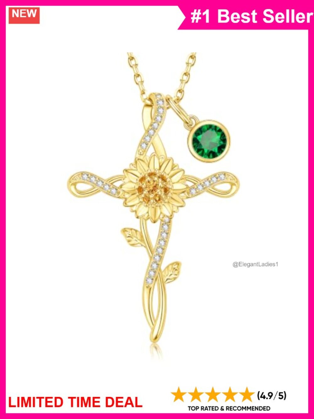 14k Gold Plated Sunflower Cross Birthstone Pendant Necklace